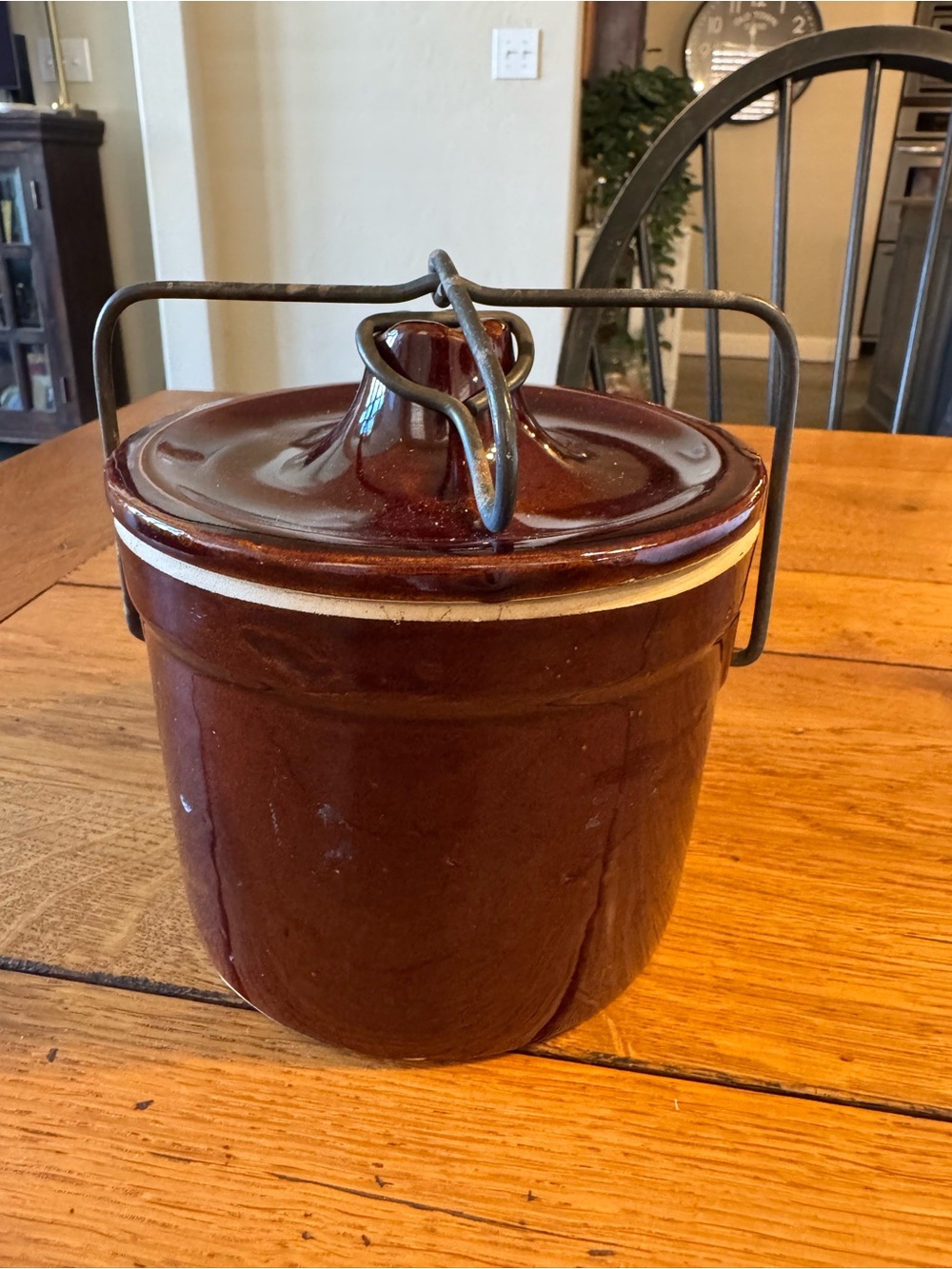 Brown Ceramic Stoneware Crock with Lid and Metal Handle